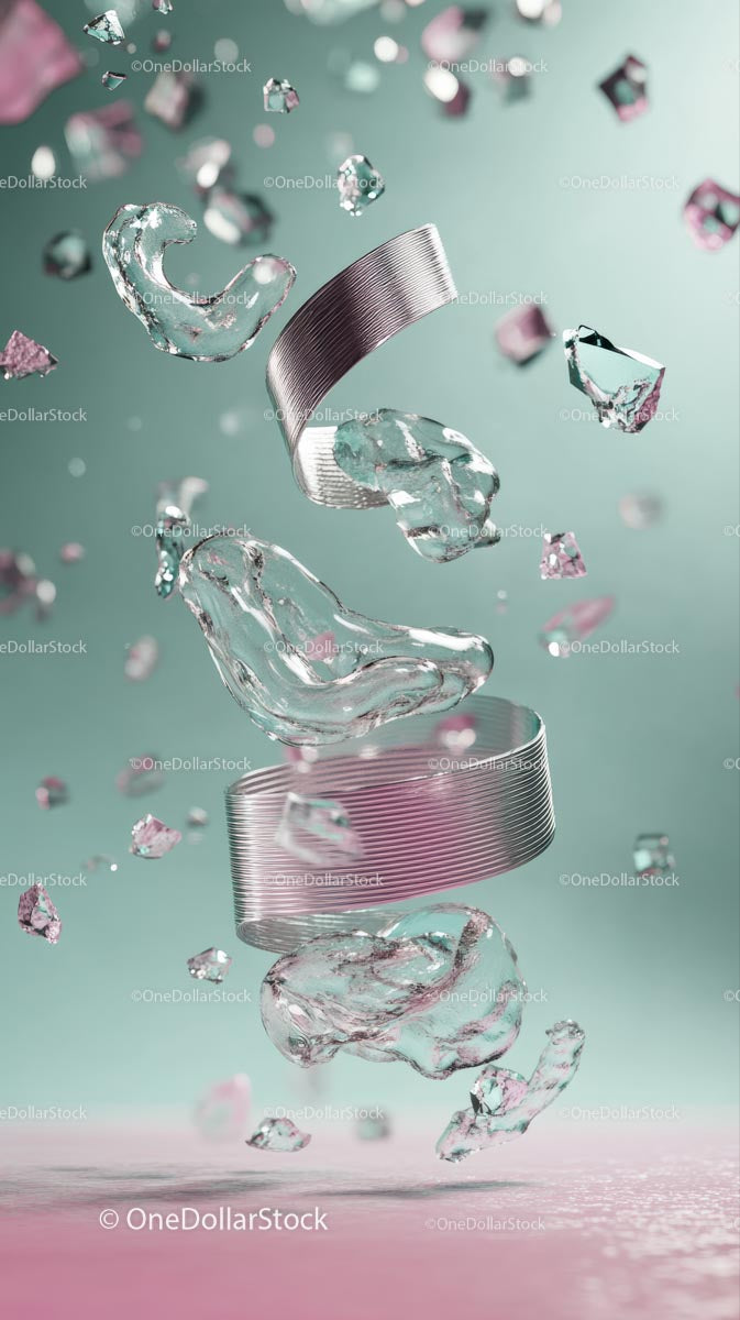 Dynamic Modern Art with Metal Ribbons and Ice Cubes in Midair