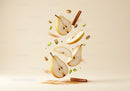 Floating pear slices with cinnamon and pistachios