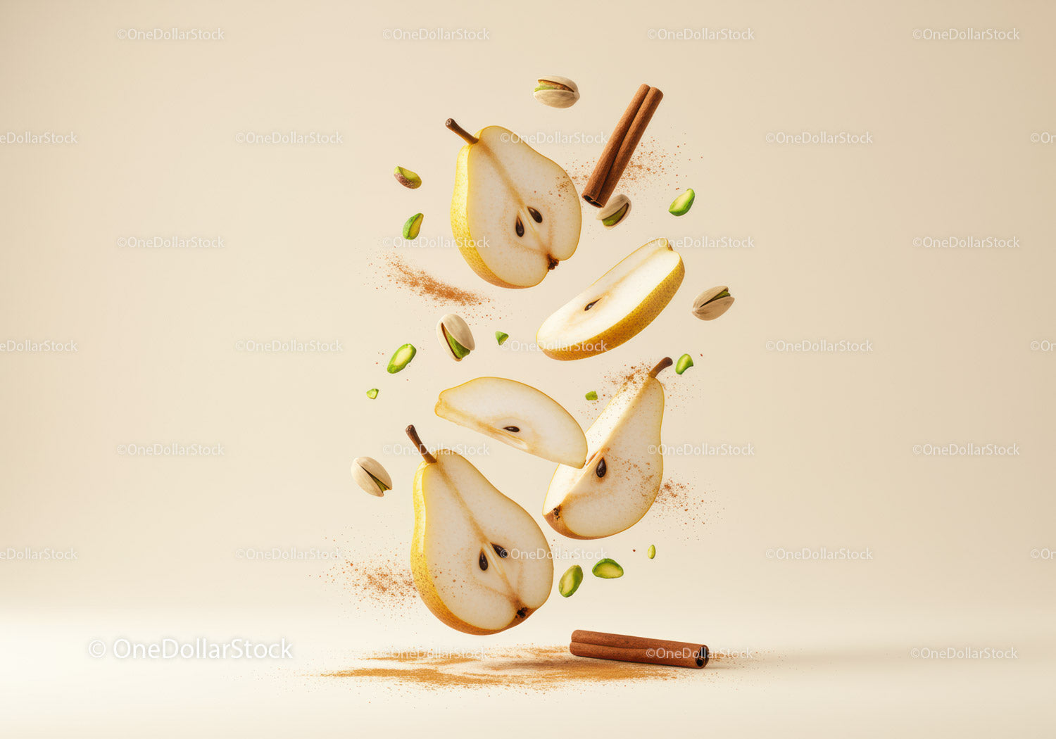 Floating pear slices with cinnamon and pistachios