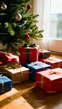 Christmas gifts arranged beneath decorated tree