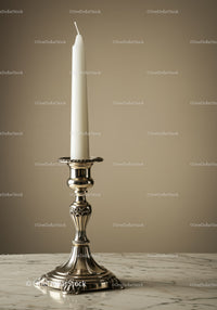 Silver candlestick with white candle on marble table in elegant home setting
