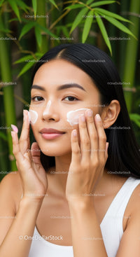 Young Woman Applying Skincare Cream in Natural Setting