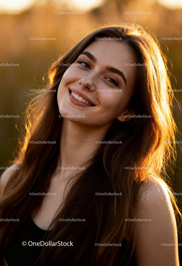 Young woman smiling warmly in golden hour light