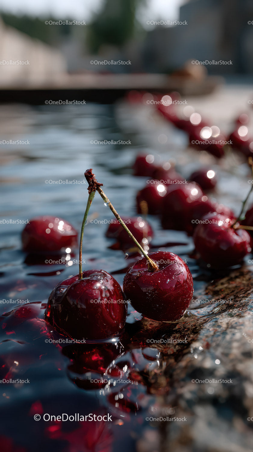 Fresh Ripe Red Cherries in Water with Natural Summer Vibe