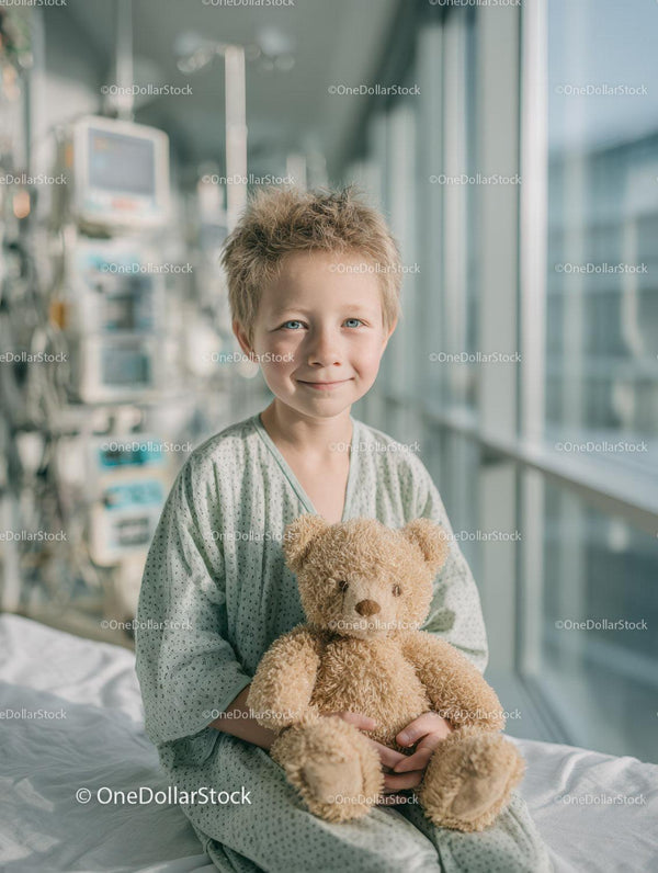 Smiling Young Boy Holding Teddy Bear in Hospital Room