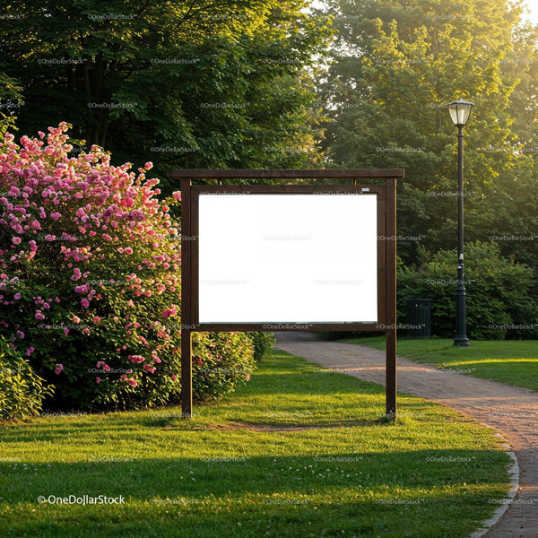 Empty wooden signboard in serene park with blooming roses JPG Mockup Image