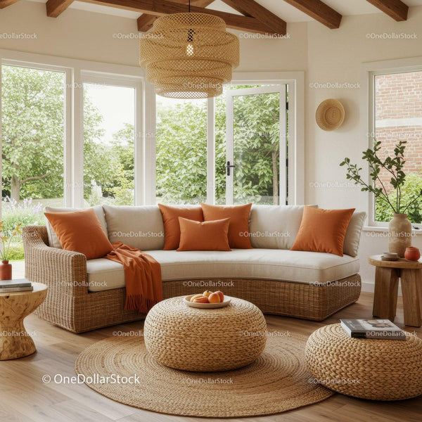 Cozy sunlit living room with wicker furniture and cushions