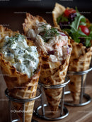 Gourmet Waffle Cones Filled with Creamy Cheese and Fresh Salad