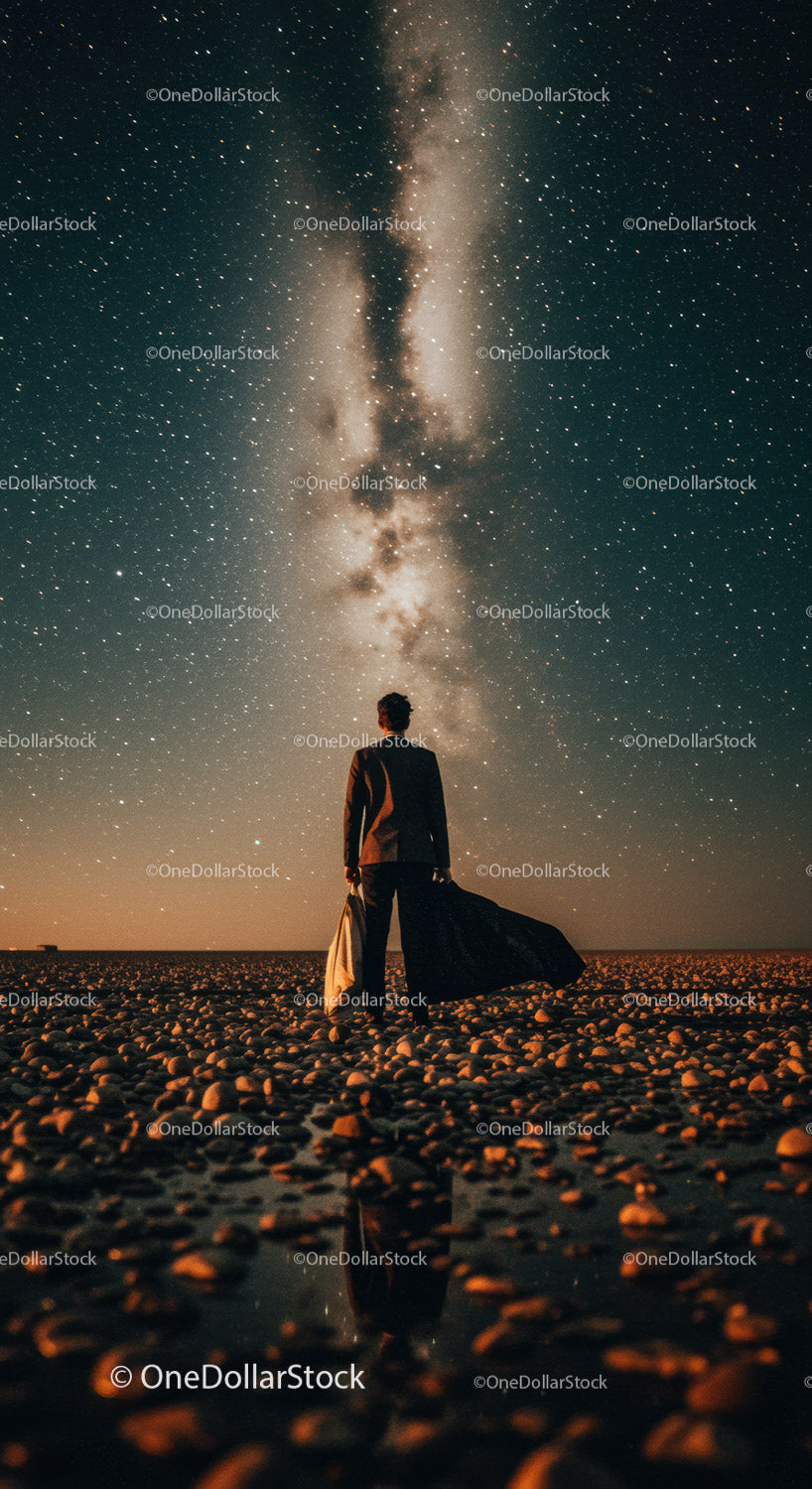 Man standing on rocky shore under starry Milky Way sky