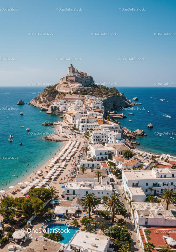 Scenic Mediterranean Coastal Town with White Buildings and Sandy Beach