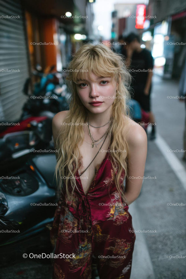 Youthful Blonde Woman in Trendy Outfit on Busy Urban Street