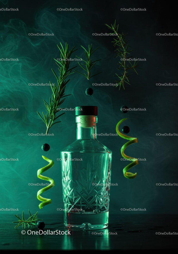 Elegant glass bottle with fresh herbs and citrus twists