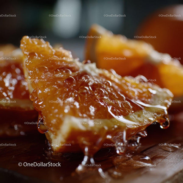Close-up of Honeycomb with Dripping Honey Making a Golden Glaze