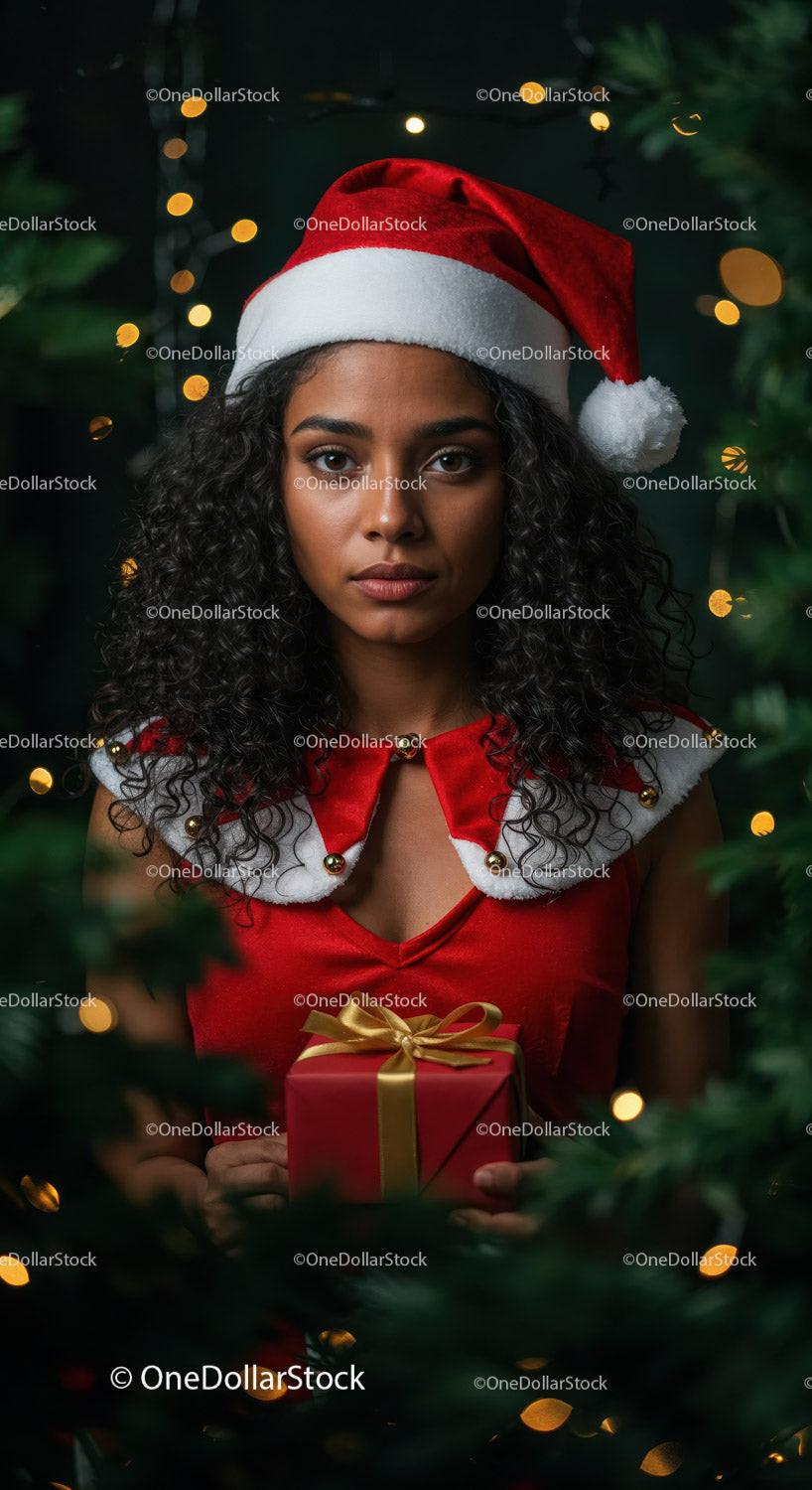 Young Woman in Santa Hat Holding Christmas Gift Box