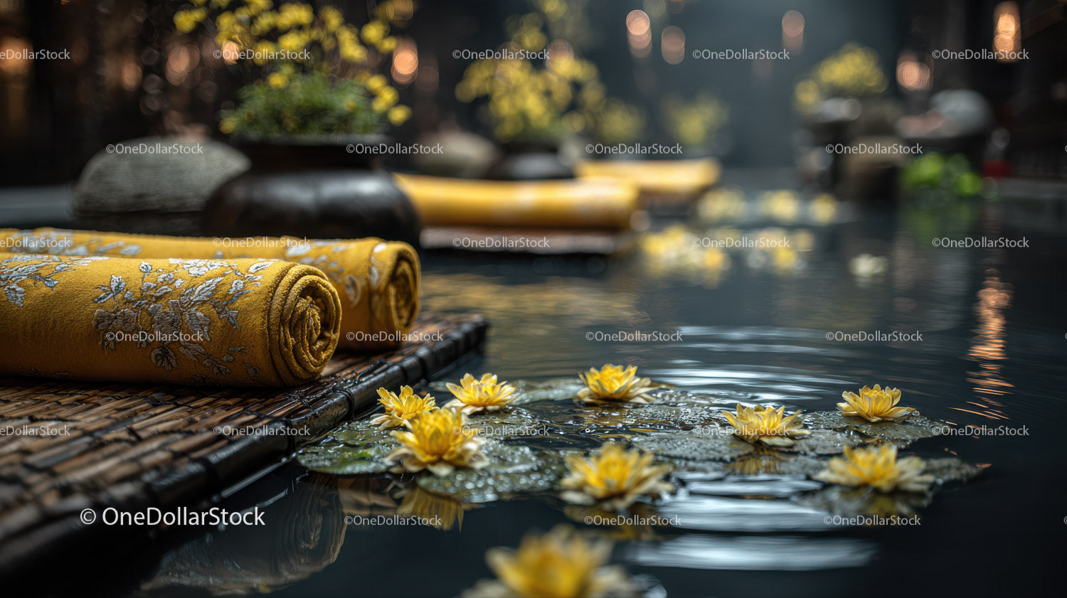 Serene Outdoor Spa Scene with Yellow Towel and Water Lilies