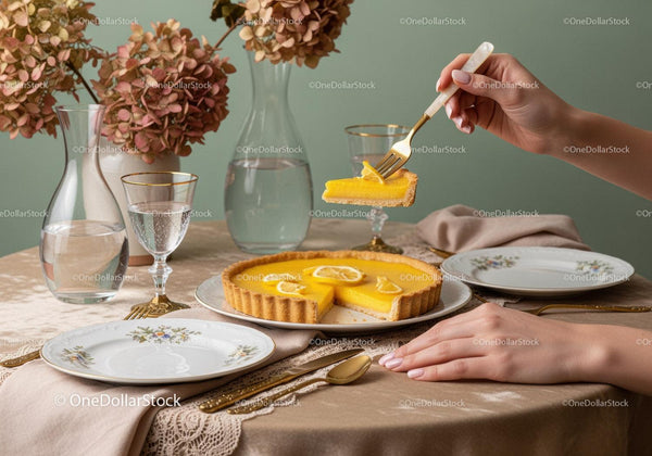 Elegant Lemon Tart Slice on Vintage Table with Floral Decor and Gold Cutlery
