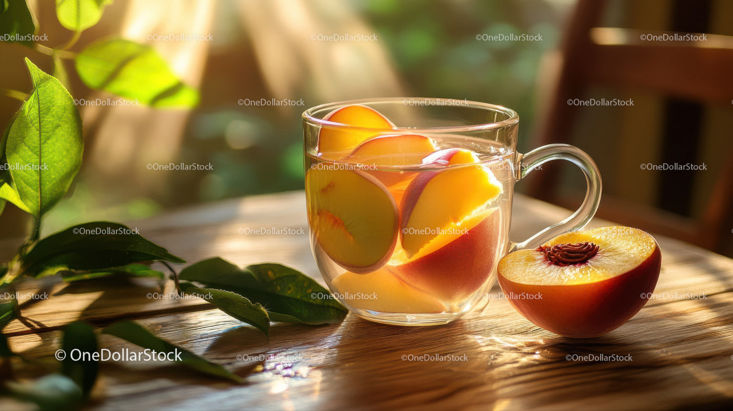 Fresh Peach Slices in Glass Cup with Ripe Peach Half on Wooden Table