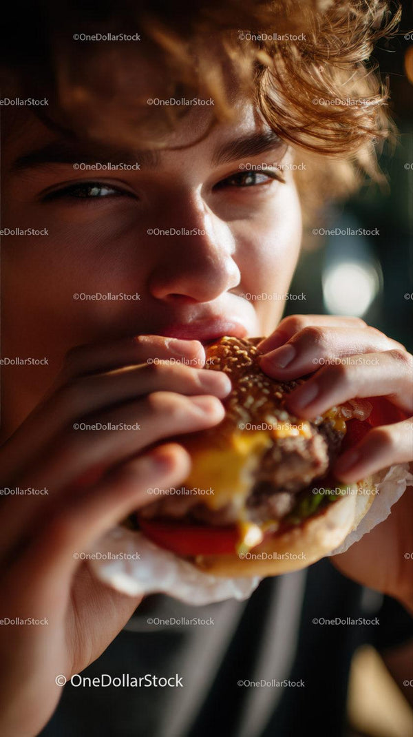 Young Man Enjoying Juicy Burger on Sunny Day