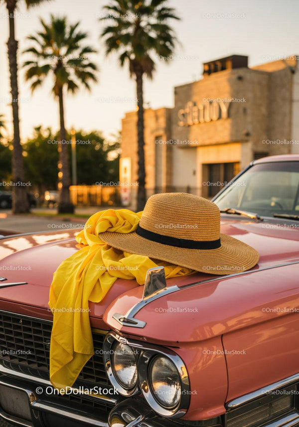 Vintage Pink Car with Straw Hat and Yellow Scarf on Hood