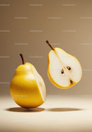 Yellow pear with half slice floating on beige background