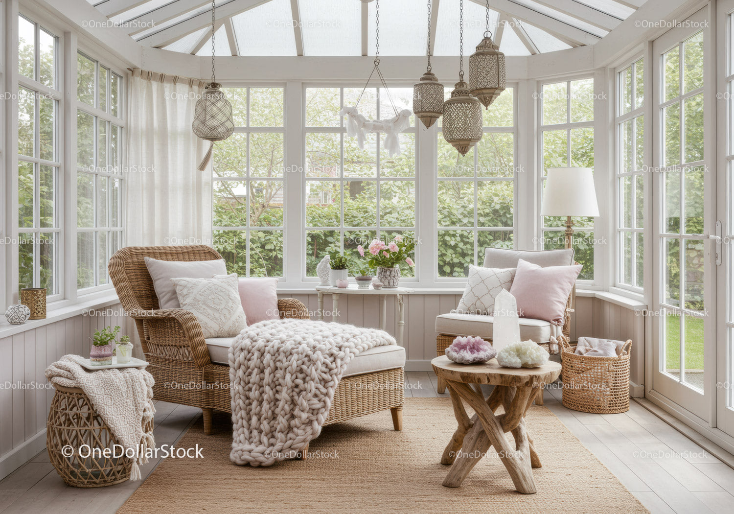 Cozy sunroom with natural textures and soft lighting