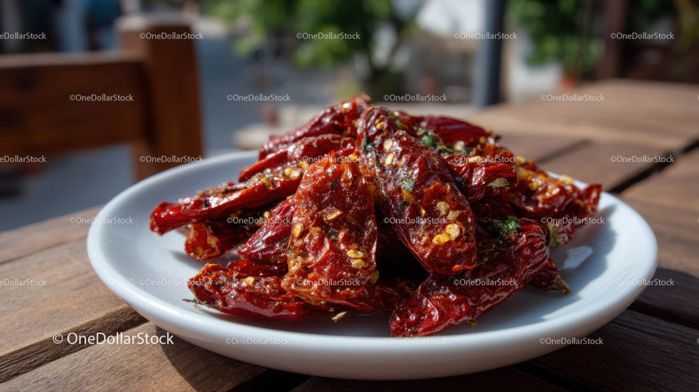 Dried Red Chili Peppers on White Plate in Rustic Setting