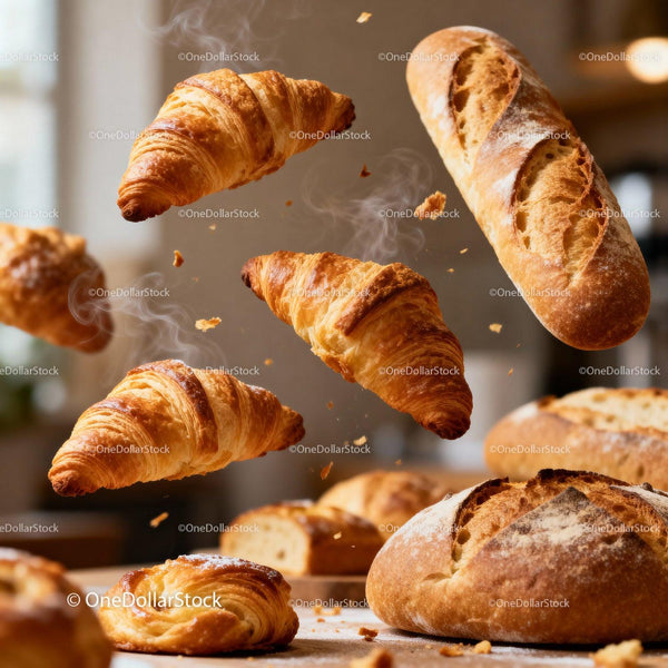 Freshly Baked Croissants and Bread Floating with Steam