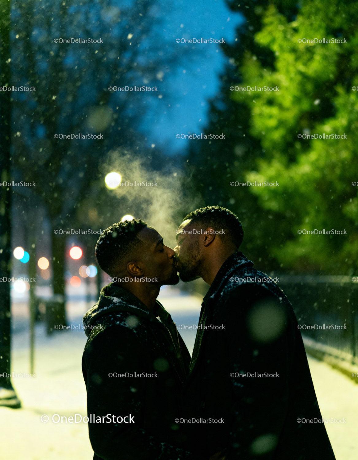 Couple sharing a tender kiss in snowy night city