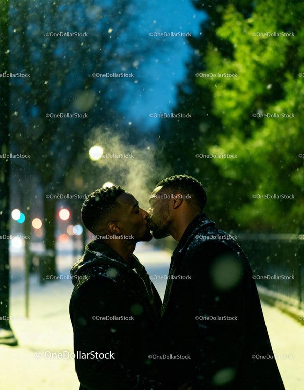 Couple sharing a tender kiss in snowy night city