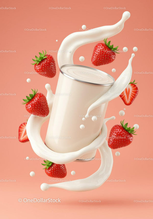 Strawberries and Cream Splash Around Yogurt Container JPG Mockup Image
