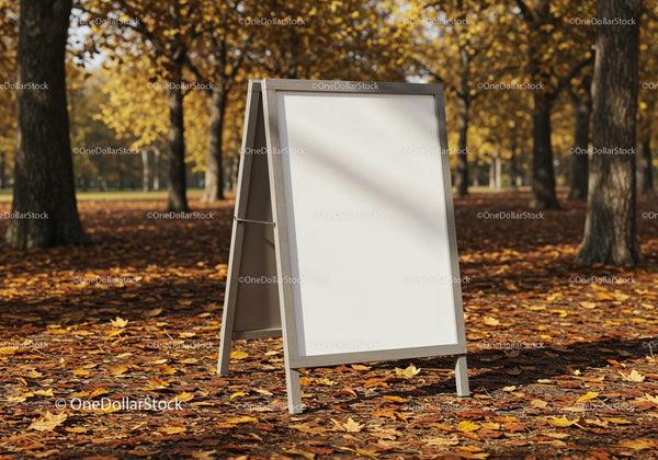 Biała tablica stojąca na polanie jesiennego lasu