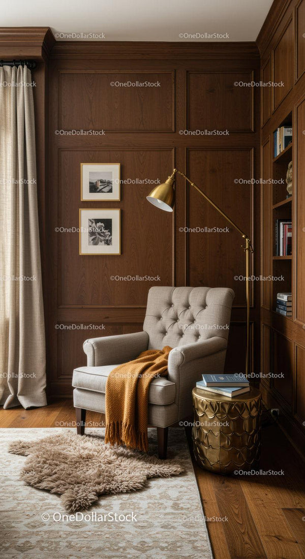 Cozy reading nook with tufted armchair and warm accents