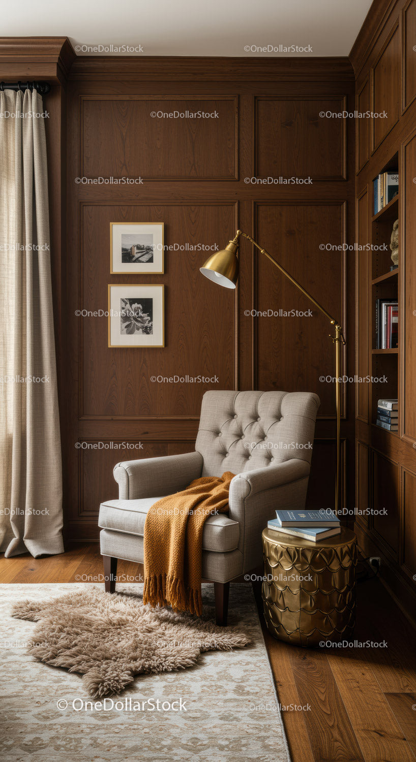 Cozy reading nook with tufted armchair and warm accents
