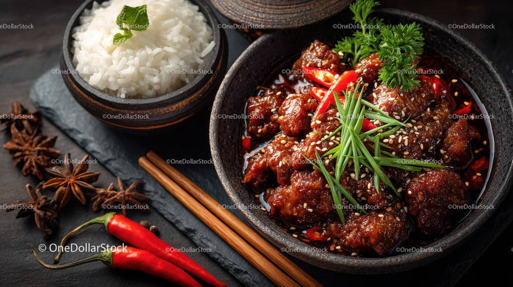 Spicy Asian Beef Stew with Rice and Fresh Herbs in a Black Stone Bowl (26 Images)