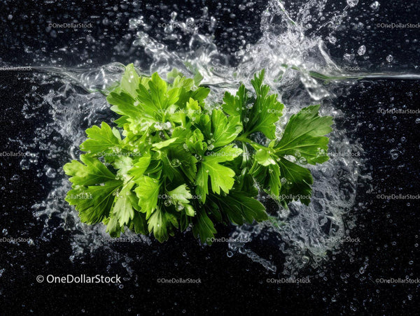Fresh Green Parsley Splash with Water in High Definition