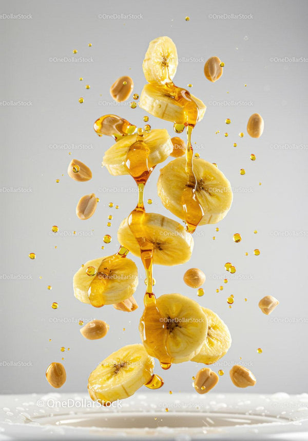 Banana slices and peanuts with honey drizzle falling