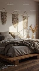 Cozy bedroom with boho macrame wall hangings and natural light