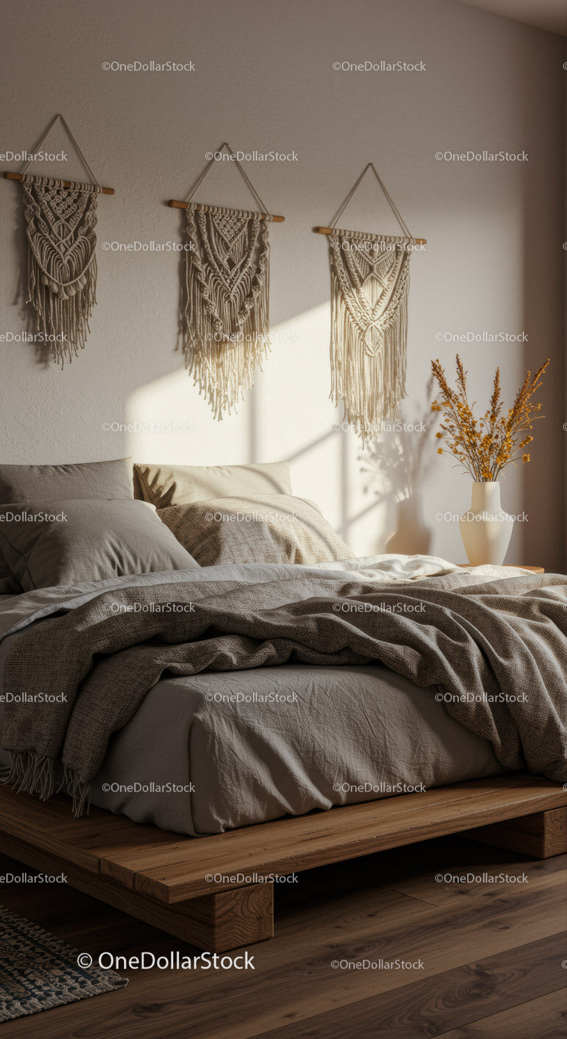 Przytulna sypialnia z boho makramowymi dekoracjami ściennymi i naturalnym światłem