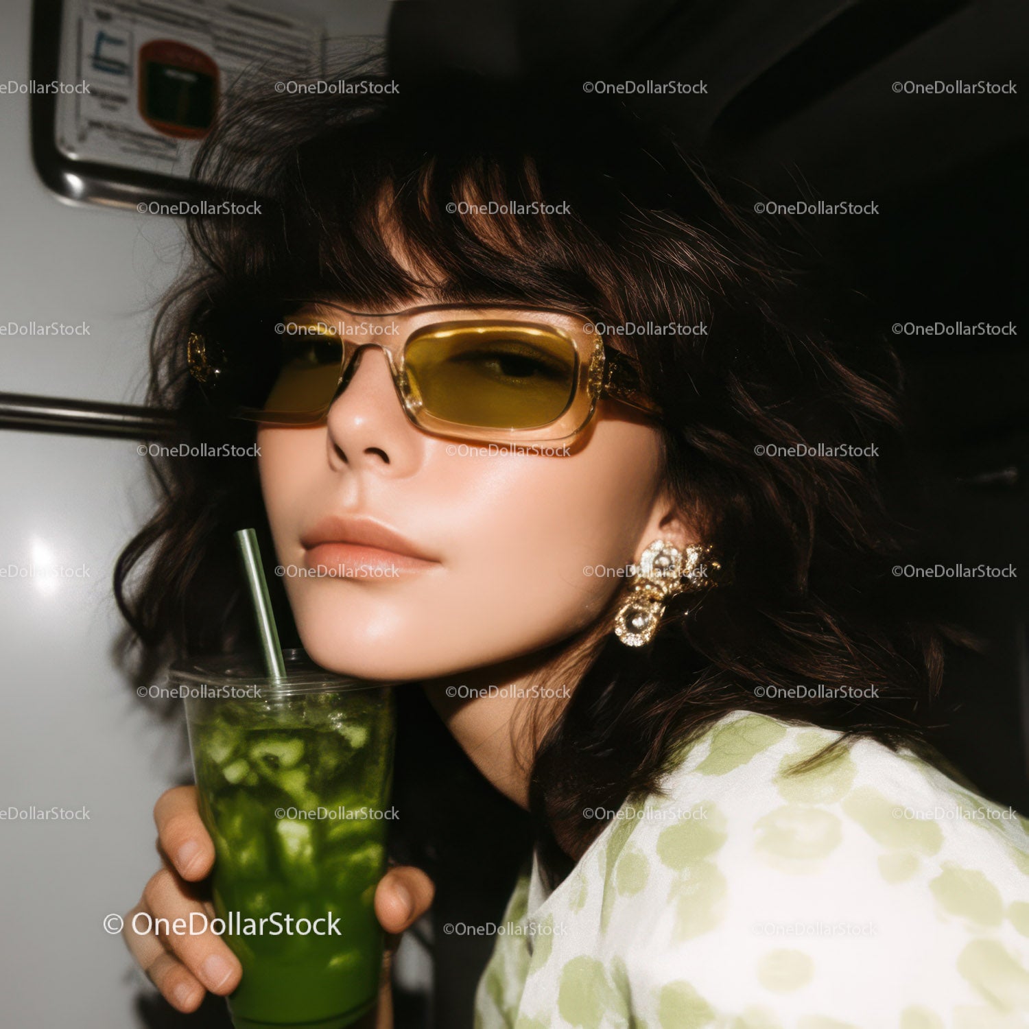Fashionable Woman with Green Cocktail Wearing Trendy Accessories
