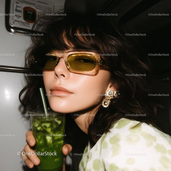 Fashionable Woman with Green Cocktail Wearing Trendy Accessories
