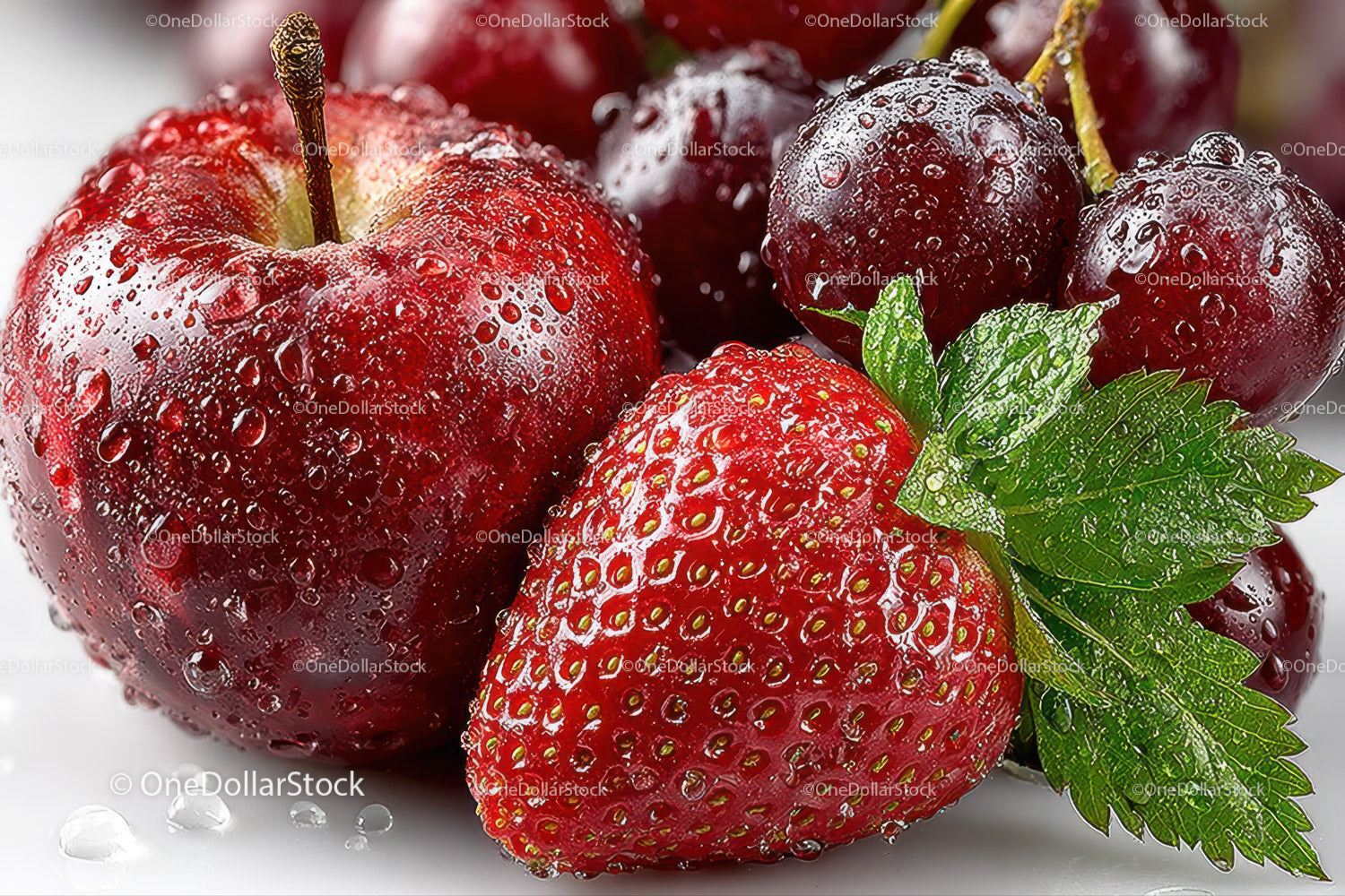 Fresh Juicy Strawberries with Water Droplets and Green Leaves