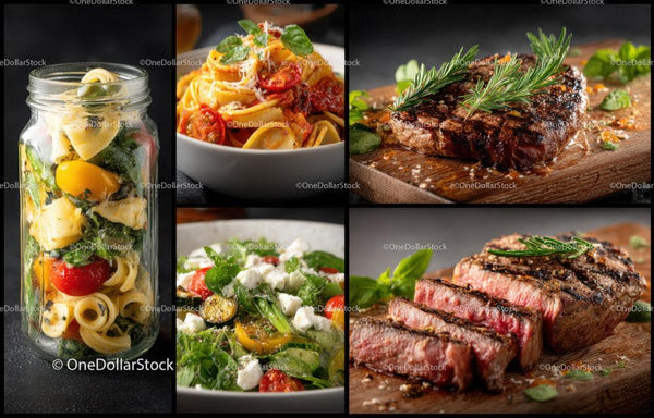 Gourmet Steak with Fresh Vegetable Salads and Pasta in Jar