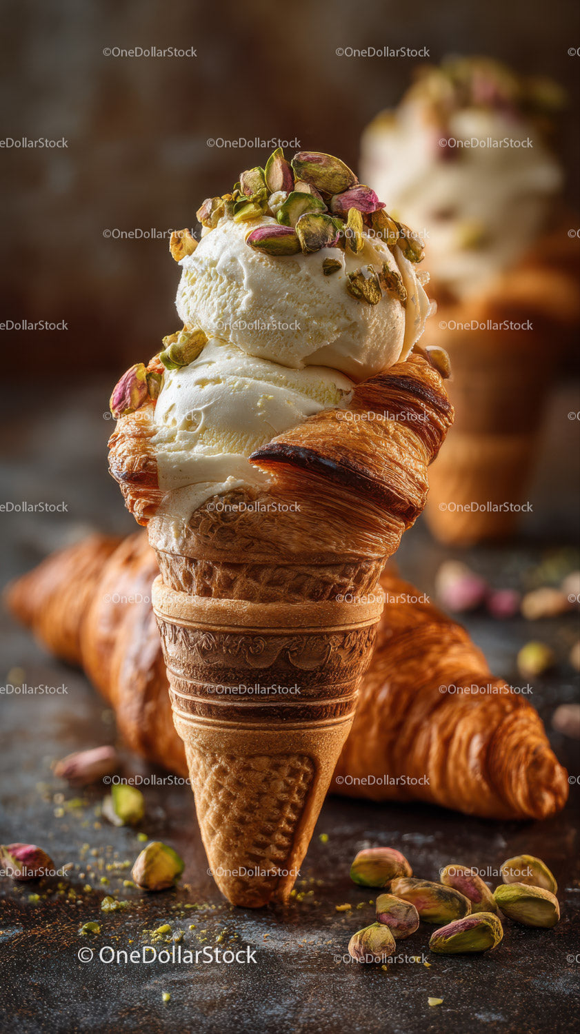 Lody waniliowe z pistacjami na chrupiącym croissancie w rożku waflowym