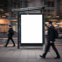 Urban commuters walking past empty city billboard