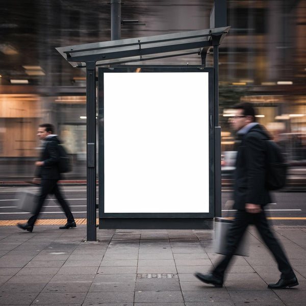 Urban commuters walking past empty city billboard JPG Mockup Image