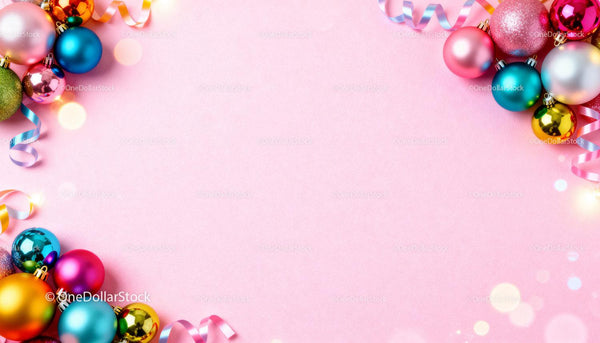 Colorful Christmas baubles and ribbons on pink background