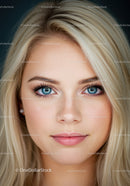 Close-up portrait of young woman with blue eyes
