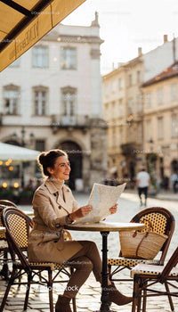 Smiling woman exploring city with map at outdoor café
