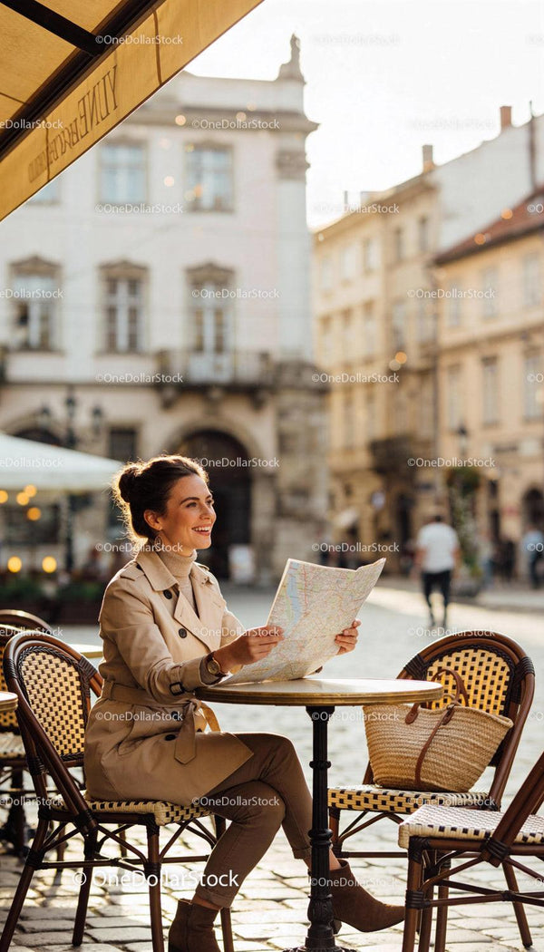 Uśmiechnięta kobieta odkrywająca miasto z mapą w zewnętrznej kawiarni