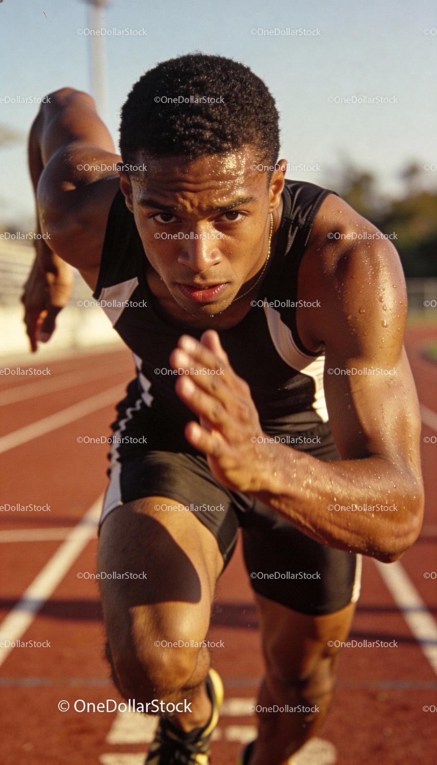 Focused male sprinter accelerating on outdoor track